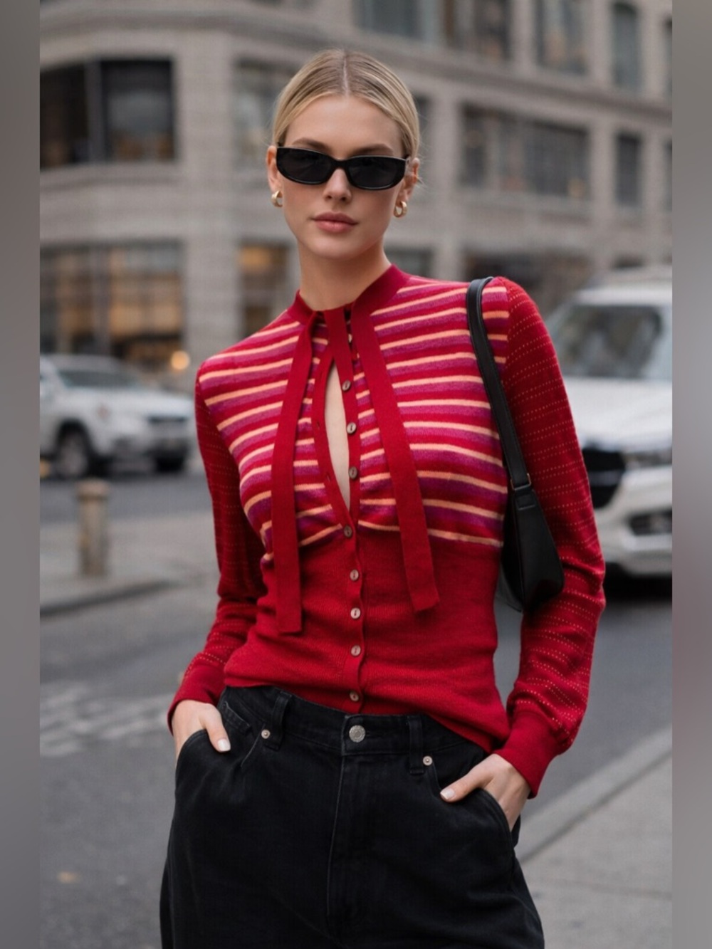 Free People Red Stripe Tie Neck Sweater S NWOT Boho Knit Blouse